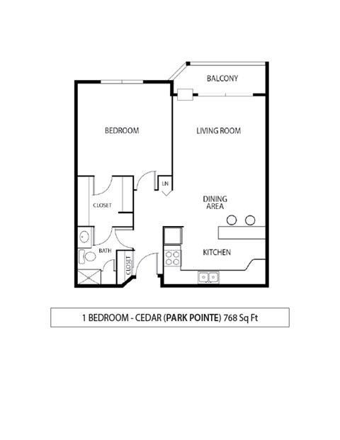 Floor plan for 1 bed, 1 bath, 768 sqft